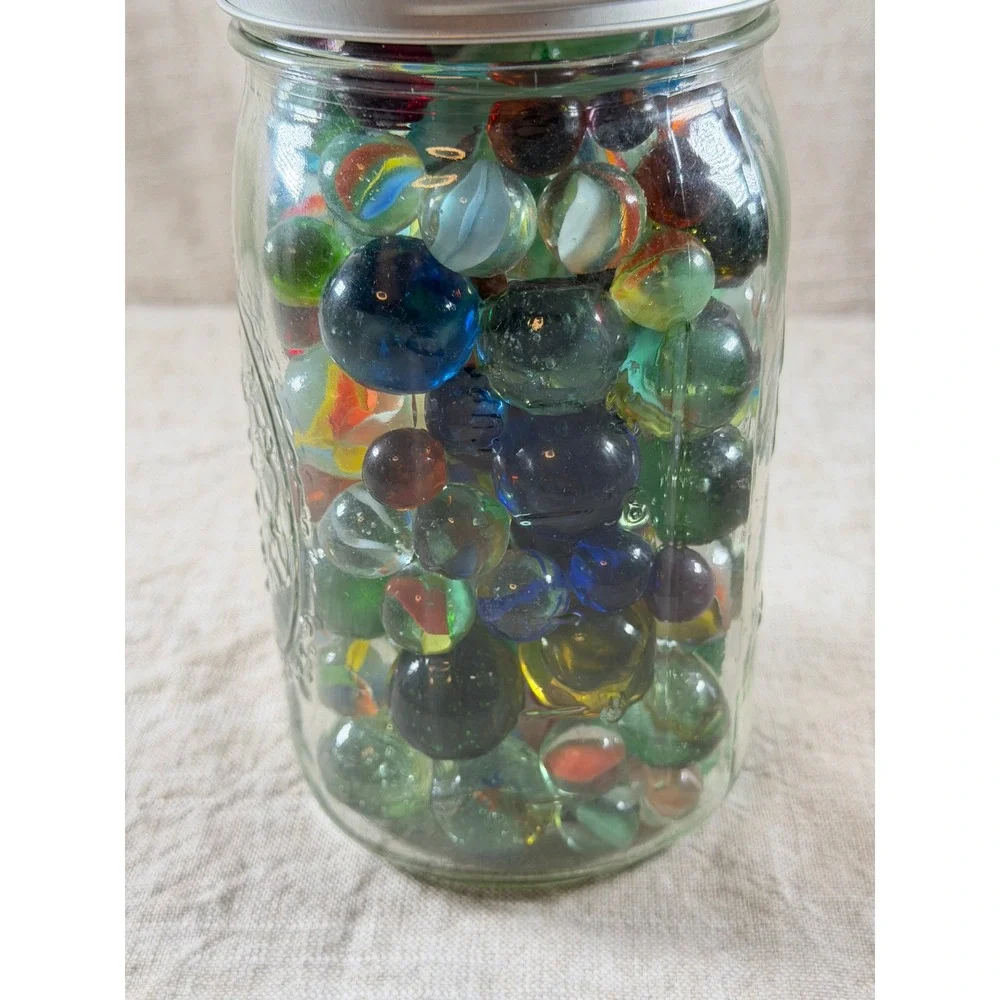Large Lot Vintage Glass Marbles Assorted Colors Styles in Glass Mason Jar Lid